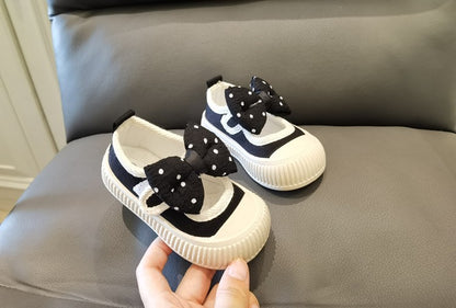 Girls Fashion Shoes Canvas Sneaker Kids Polka Dot Bow Princess Flats Breathable Baby Shoes Student Soft Sole Casual Spring Shoes