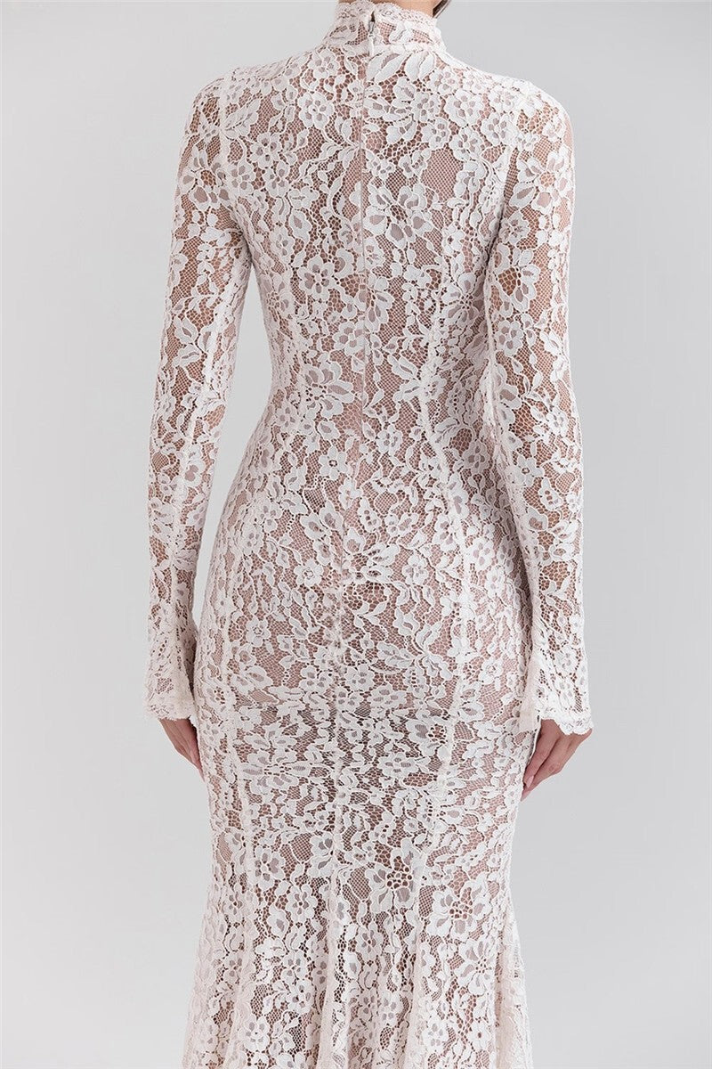 Mozision Lace Long Sleeve Sexy Midi Dress For Women Elegant White Half High Coll