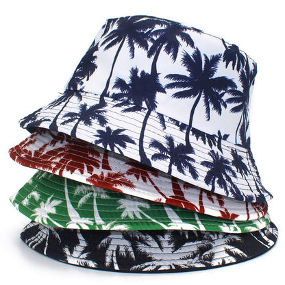 Hawaii double-sided coconut tree fisherman hat men's and women's casual printed basin hat summer travel sun protection hat