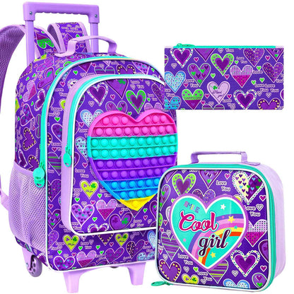 Mochila de Rodinha 3 Peças para Meninas, Mochila com Rodas para Crianças, Mochila Escolar com Rodinhas e Lancheira - Coração Roxo