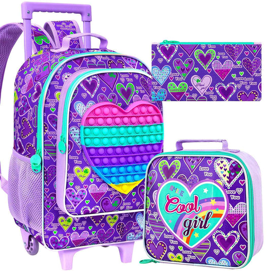 3PCS Rolling Backpack for Girls, Kids Roller Wheels Bookbag, Wheeled School Bag with Lunch Bag - Heart Purple