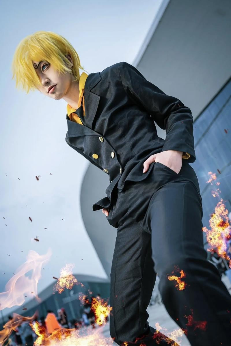 Anime One Sanji Piece Cosplay Costume Blue Yellow Shirt Suit Uniforms Full Set Halloween Party Role Play Outfit for Adult Men