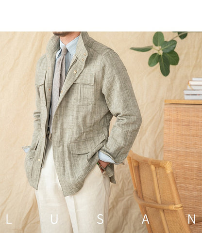 Cotton and Linen Vertical Collar Tight Waist M65 Hunting Jacket Retro All-match Spring and Summer Lightweight Casual Jacket