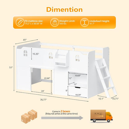 Cama Loft JOYMOR de Solteiro com Luz Led, Cama Baixa com Gaveta de Armazenamento, Design Moderno de Casa de Fazenda com Grade de Castelo Branca