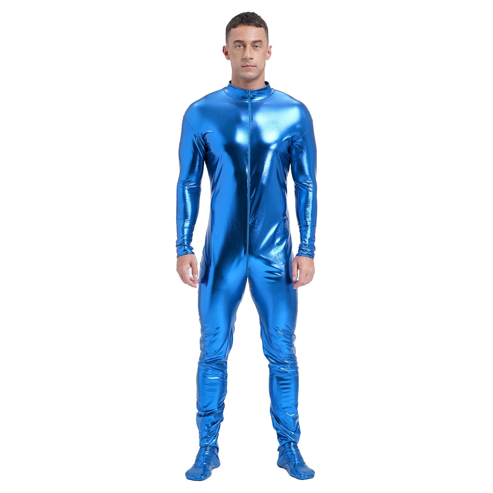 Men's Shiny Metallic Zentai Dress-up Jumpsuit Cosplay Costume Performance Stage Disco Clubwear Full Body Unitard Tights Leotard