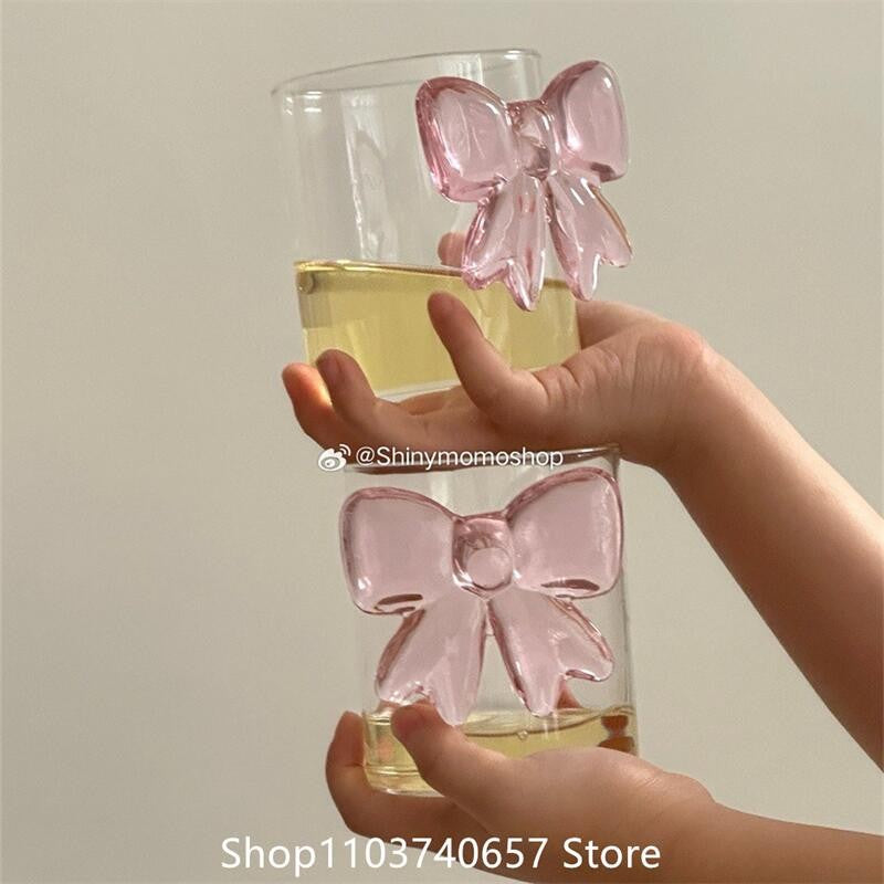 Taça Decorativa de Vidro com Laço Grande Rosa Copo de Vidro Taça de Vinho com Alça de Laço Copos Resistentes ao Calor Tigela de Sobremesa e Sorvete de Alto Borossilicato