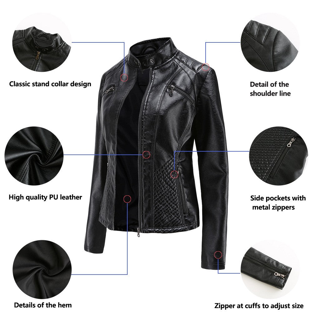 2025 Autumn Women's Black Moto Biker Zipper Jacket, Red Apricot Coffee PU Coat, Light Purple Outerwear.