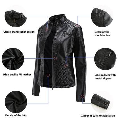 2025 Autumn Women's Black Moto Biker Zipper Jacket, Red Apricot Coffee PU Coat, Light Purple Outerwear.
