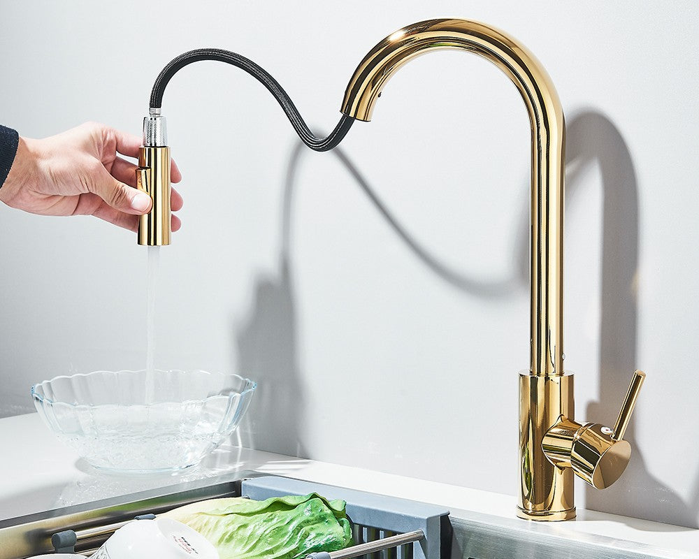 Torneira Misturadora de Cozinha Monocomando Quente e Frio com Bico Extensível e Duas Funções, Montada na Bancada