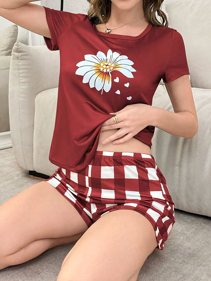 2-Piece Set of Women's Pajamas for All Seasons, Spring and Summer, Elegant Floral Print Shorts and Short-Sleeved Pajamas Set