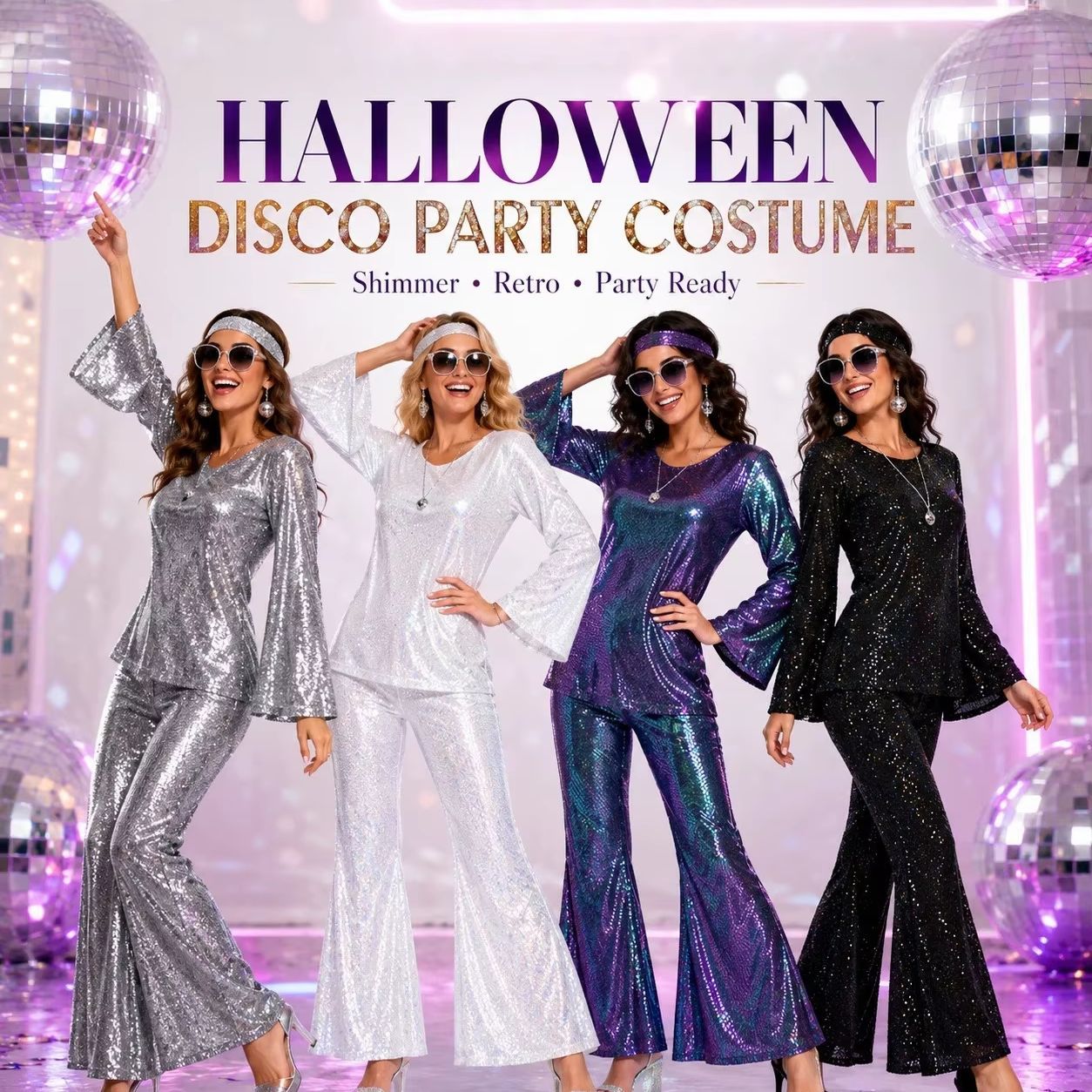 Ladies' Halloween disco party 70s disco costume set, including top, pants, sunglasses, necklace, earrings, and wig, role-playing