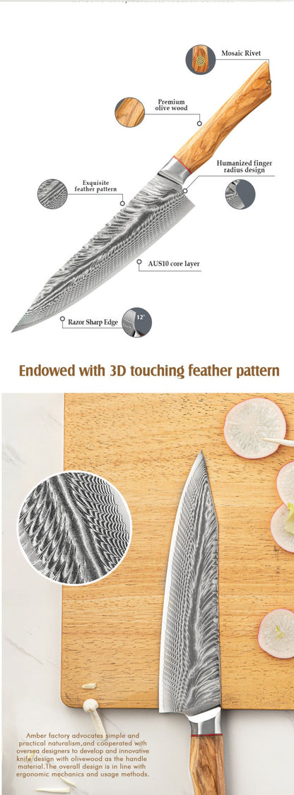 Conjunto de facas de cozinha para chef Damasco 67-LAY, faca japonesa Santoku Nakiri, faca utilitária, faca para desossar, faca de cozinha com cabo de madeira de oliveira HD