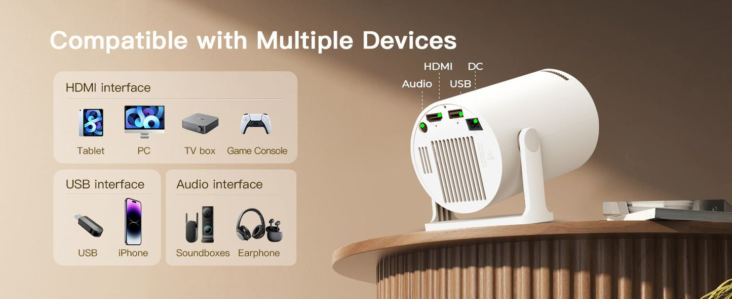 Projetor Inteligente com Wifi e Bluetooth Portátil Suporte 720P 4K, Correção Trapezoidal Automática, Controle Remoto AirMouse, Rotação 180 Graus