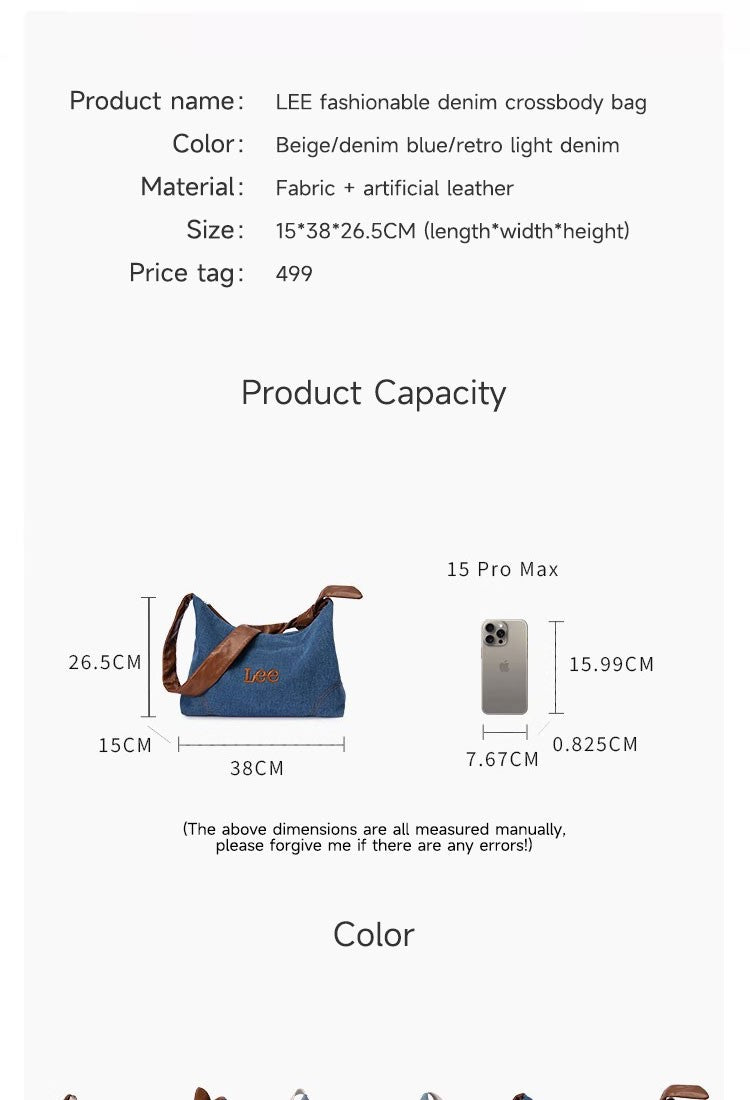 LEE Women Minimalism Hobo Denim Blue One Shoulder Pillow Bag Ladies Jeans Soft Widen Leather Shoulder Straps Crossbody Bags
