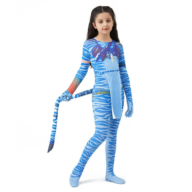 Girls Avatar 2 Neytiri Costume Tail Suit Boys Jake Sully Cosplay Zentai Bodysuit Jumpsuit Kids Halloween Birthday Party Costume