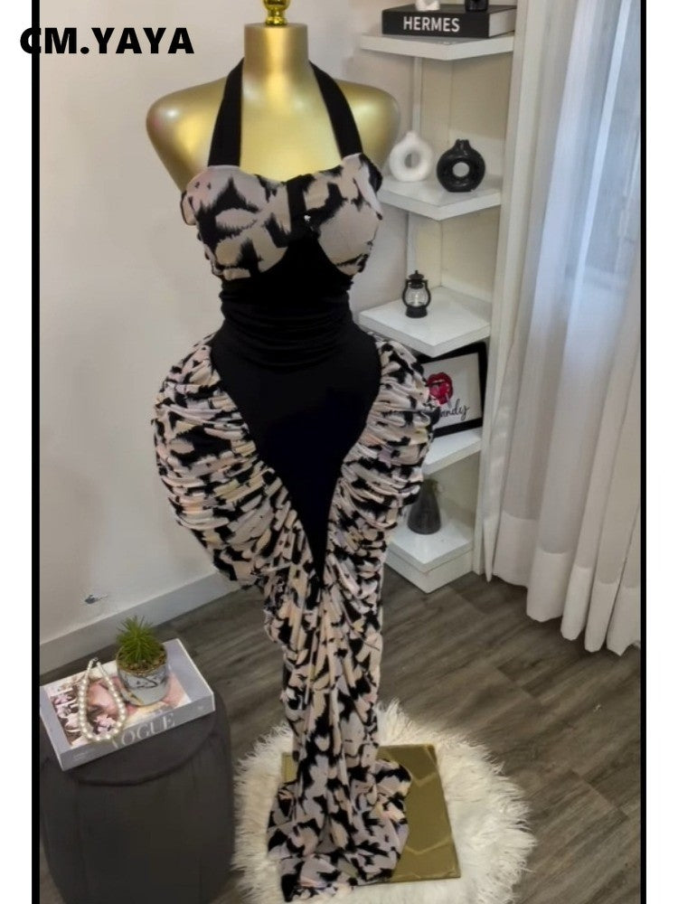 CM.YAYA Women Print Patchwork Stacked Ruched Long Sleeve Bodycon Midi Maxi Long