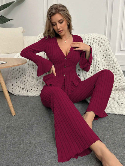 Home Wear Sexy V-neck Fashionable Length Pants Set Autumn Winter Comfortable Casual Slim Fit Women Two-piece Set pajama