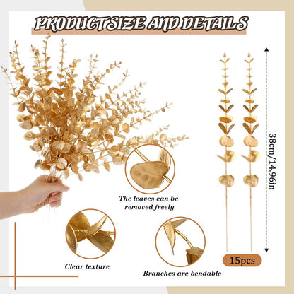 15pcs Artificial Eucalyptus Stems Gold Faux Eucalyptus Branch Wedding Bouquet DIY Decor Home Party Table Christmas Decorations
