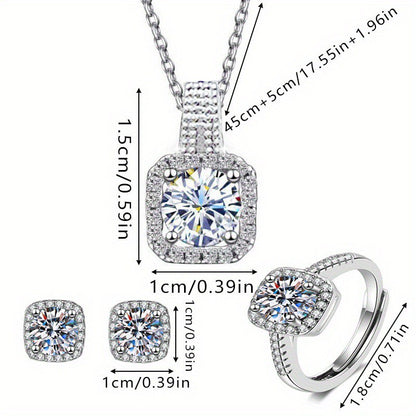 Conjunto 3 Peças Marca Luxo Brilhante Geométrico Quadrado Zircão Colar Brincos Anéis para Mulheres Conjunto Joias de Moda Charmoso Presente de Aniversário