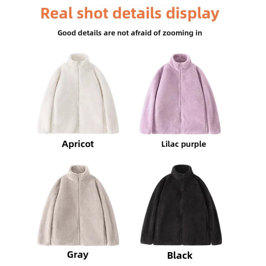 Women's Double-Sided Fleece Jacket Grey Warm Stand-Collar Thick Winter Outerwear Trendy Sweatshirt Style Casual Loose Fit