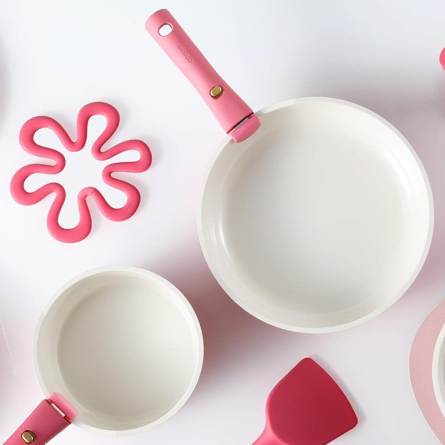 Pink Ceramic Pots and Pans Set with Lid Detachable Handle Saute Pan Set Non Stick Non Toxic Frying Pan Oven Safe and Induction