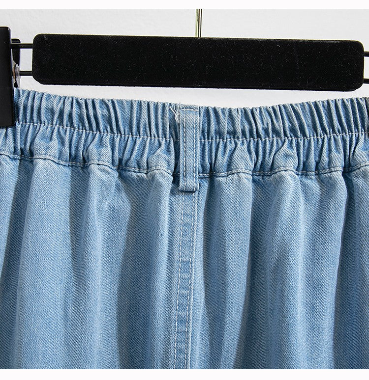 Plus Size Denim Skirt Women Summer 2025 New Korean Style High Waist A Line Pleated Long Jean Skirt Casual Women Maxi Skirt