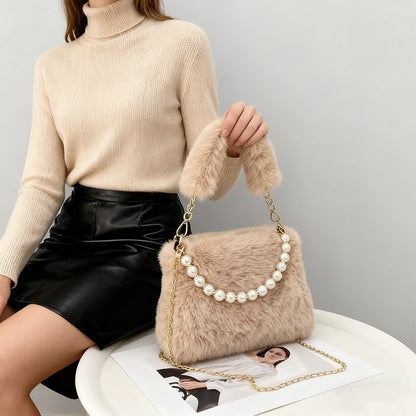 Fashionable Pearl Rabbit Fur Velvet Handbag Women's Crossbody Bag Chain Design Autumn Winter Small Versatile Bag Elegant