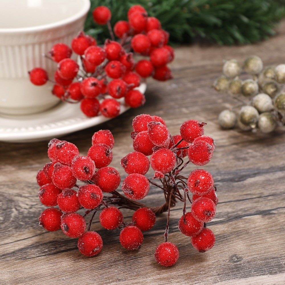 Wholesale Artificial Frosted Berry Mini Double Head Christmas Holly Red Gold Silver Berries Flowers Wreath Xmas Party Decoration