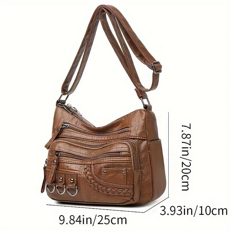 Vintage PU Crossbody Bag, Retro Multi Layer Shoulder Bag, Women's Fashion Handbag & Purse, Female Work Travel Messenger Bag