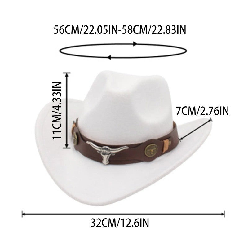 New Felt Western Cowboy Hat Ox Head Accessories Ethnic Style Roll Brim Cowgirl Cap with Cow Band Soft Jazz Fedora Hats Men