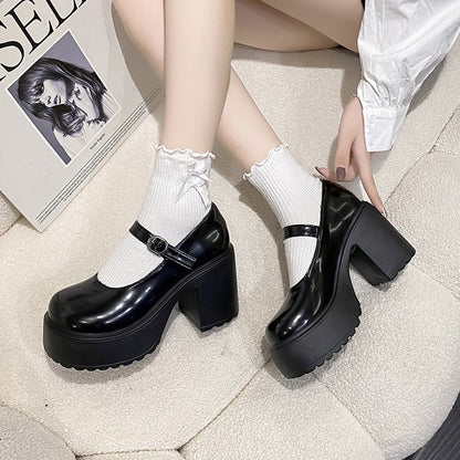 Sapatos femininos com salto plataforma grosso e alto, estilo Mary Jane, em couro PU, fivela no tornozelo, salto grosso, brancos, estilo Lolita, outono 2023
