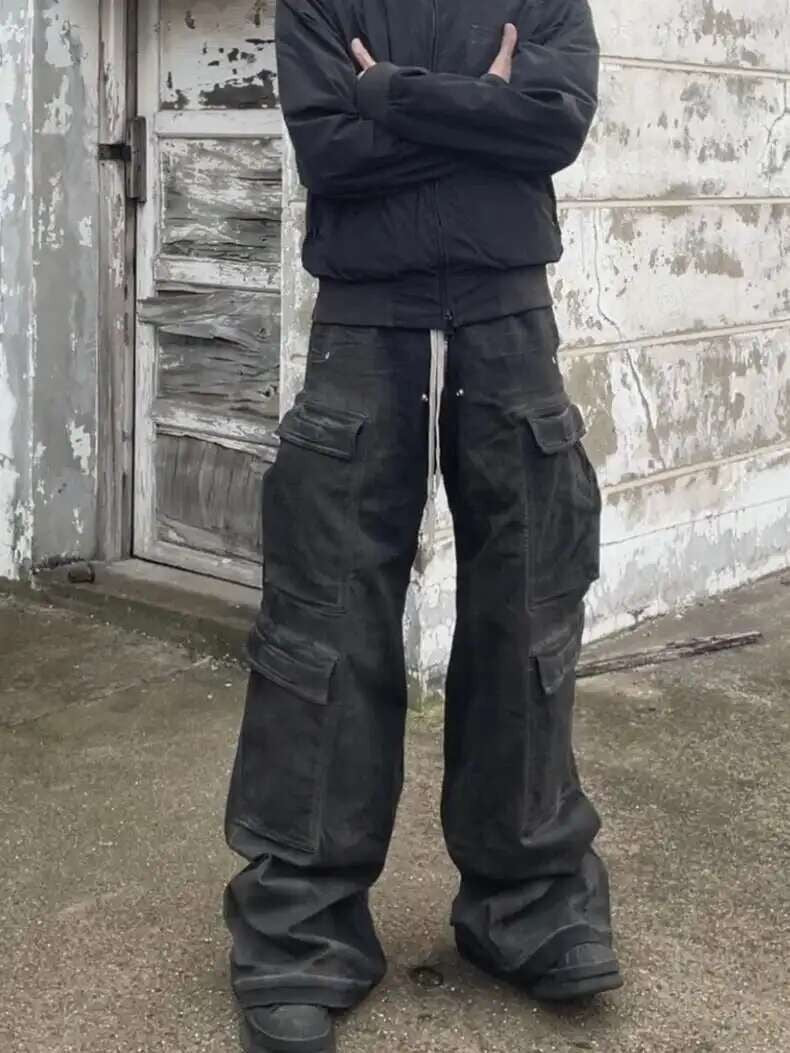 PFNW High Street Drawstring Zipper Sliced Wide Leg Cargo Pants Msn's Casual Loose Straight Trousers Loose Denim Pants 28W5963