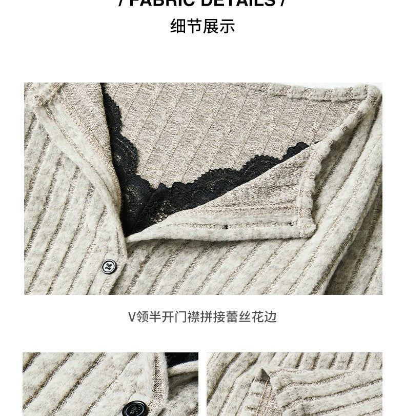 Lace Slim-fitting Bottoming Shirt Fake Two Piece Long Sleeve T-Shirt Women Chic Button Pit Striped Tops Autumn Winter Base Tees