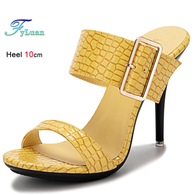 New Summer Buckle Strap Outside Women Slipper  Open Toe High Heeled 10CM Women's Sandals Thin Heels Neutral Slippers Party Pumps