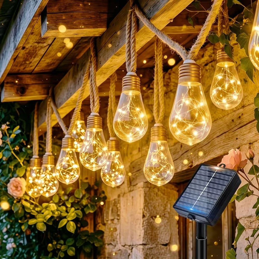Solar String Lights Hemp Rope Edison Bulb Fairy Lights 4M/6M/8M Warm White for Garden Patio Pergola Wedding Christmas Decor