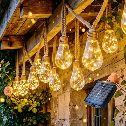 Solar String Lights Hemp Rope Edison Bulb Fairy Lights 4M/6M/8M Warm White for Garden Patio Pergola Wedding Christmas Decor