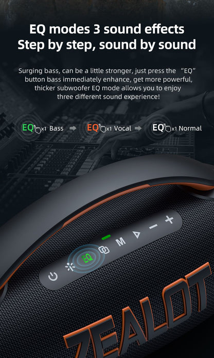 Caixa de Som Portátil Bluetooth Zealot P12 60W com IPX6 à Prova d'Água, Alça Confortável, Iluminação Controlável, TWS, AUX