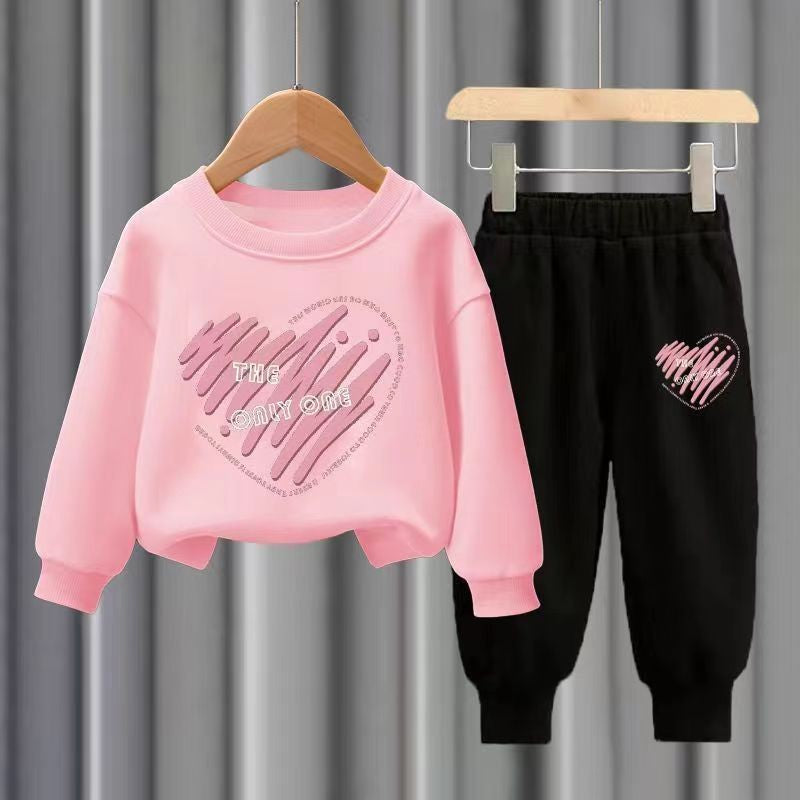 Conjuntos de 2 peças de blusa de manga comprida e calças de outono para crianças, meninos e meninas, agasalho esportivo estampado com corações para meninos e meninas