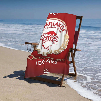 Olympiacos 100th Anniversary Themed Microfiber Beach Towel - Contemporary Design with Red & Golden Laurel Wreath Logo