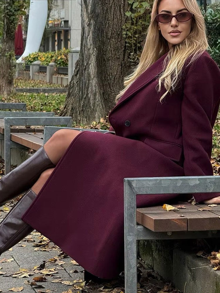 HH Women Fashion Burgundy Woolen Coat Double Breasted Long Sleeve Lapel Blends Jacket Autumn Winter High Street Outerwear