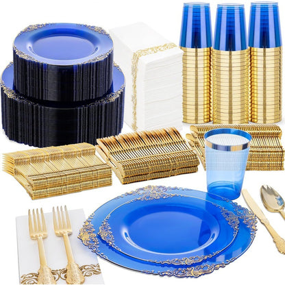 350 PEÇAS Pratos de Plástico Azul Kits de Louça de Plástico Azul para 50 Convidados 100 Pratos Descartáveis 150 Talheres Dourados 50 Copos 50 Guardanapos