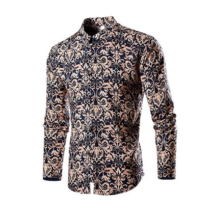 Chinese Style Men's Stand-up Collar Long-sleeved Shirt, Single-breasted Printed Shirts, Fashion Casual Camisas, Red Green Blue