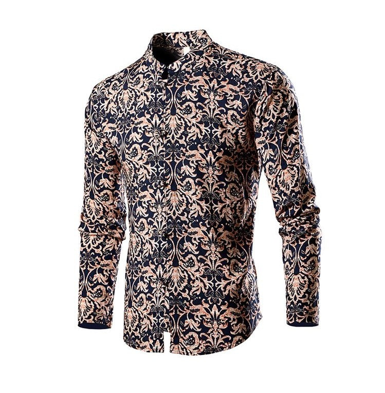 Chinese Style Men's Stand-up Collar Long-sleeved Shirt, Single-breasted Printed Shirts, Fashion Casual Camisas, Red Green Blue