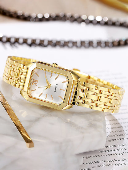 Ladies Quartz Watch Bracelet Set Square Steel Band Minimalist Design Birthday Gift Compact Jewelry Kit without Box