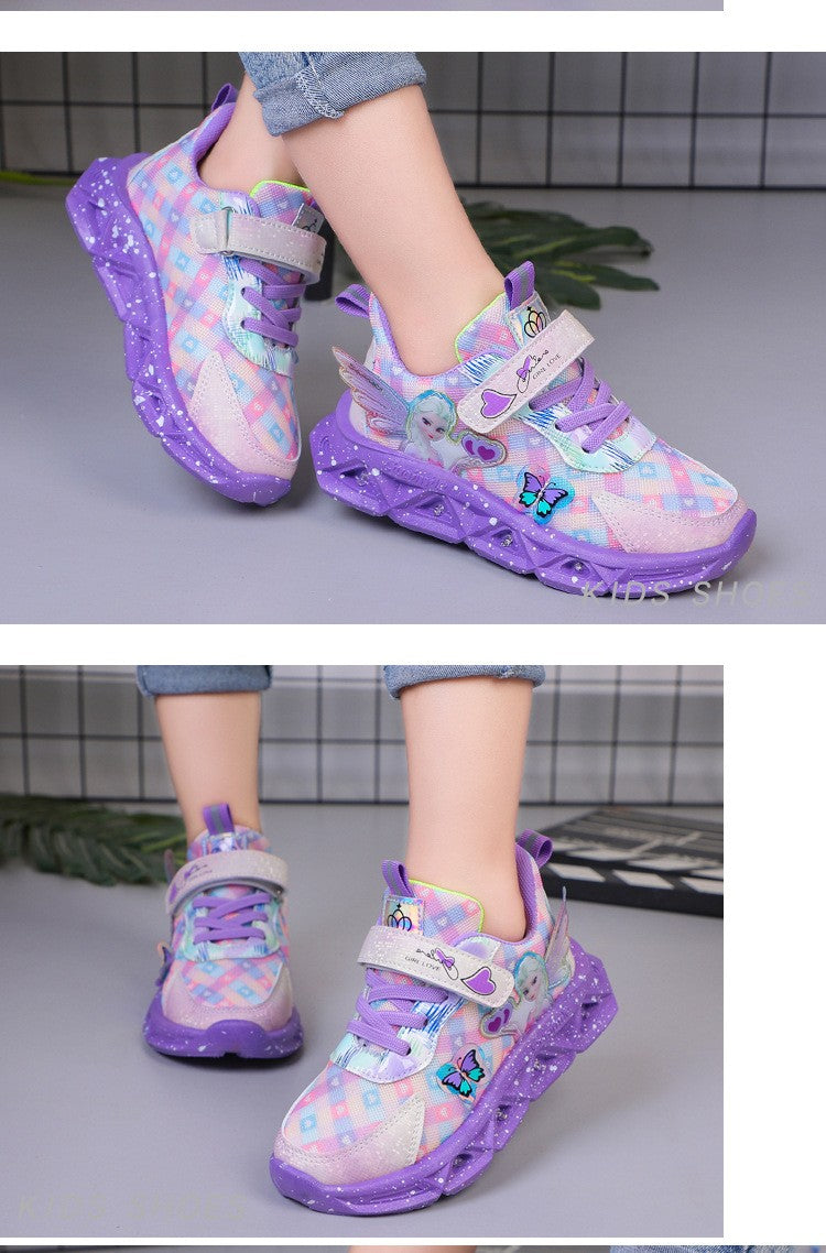 Disney Children's Sports Shoes Led Lights Sneaker Cartoon Frozen Princess  Elsa PU Leather Girls' Pink Children's Running Shoes
