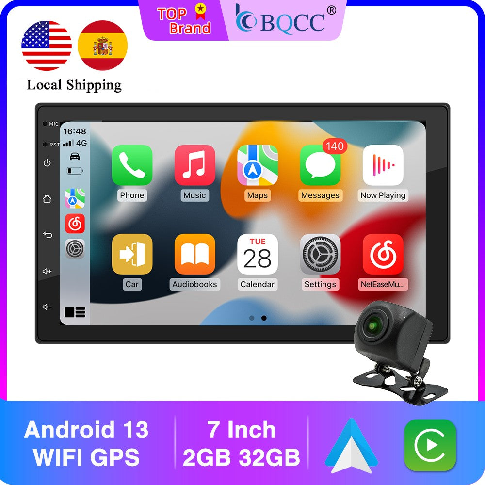 BQCC 7" Quad Core RAM ROM 2GB 32GB Android 13 ASP 16EQ WIFI GPS Navegação Rádio Automotivo Mirrorlink Carplay Car Palyer Para Universal