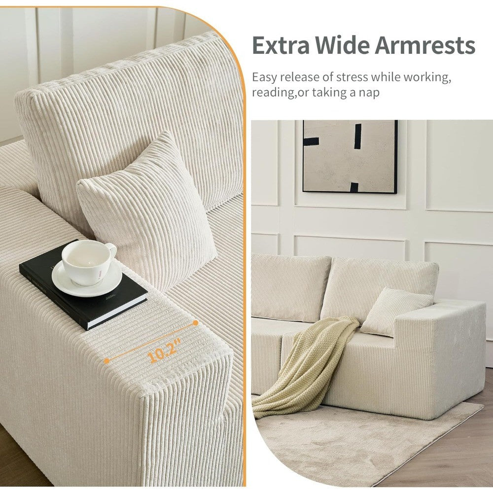 139.3" Luxury L-Shaped Modular Sofa – Corduroy Boneless Cloud Couch with Deep Seat, Movable Ottoman for Living Room