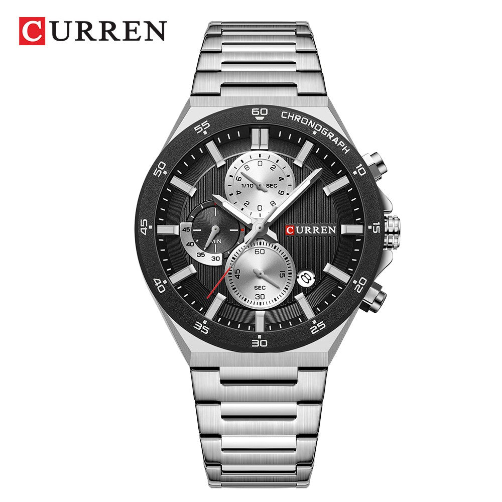 CURREN Classic 43mm Men's Watch Chronogrph Quartz Wristwatch with Stainless Steel Band Luminous Hands Auto Date