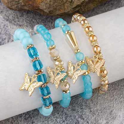 Conjunto de Pulseiras Femininas Boho com 4 Peças, Borboleta, Cristais e Miçangas, Joias da Moda, Presente para Festas