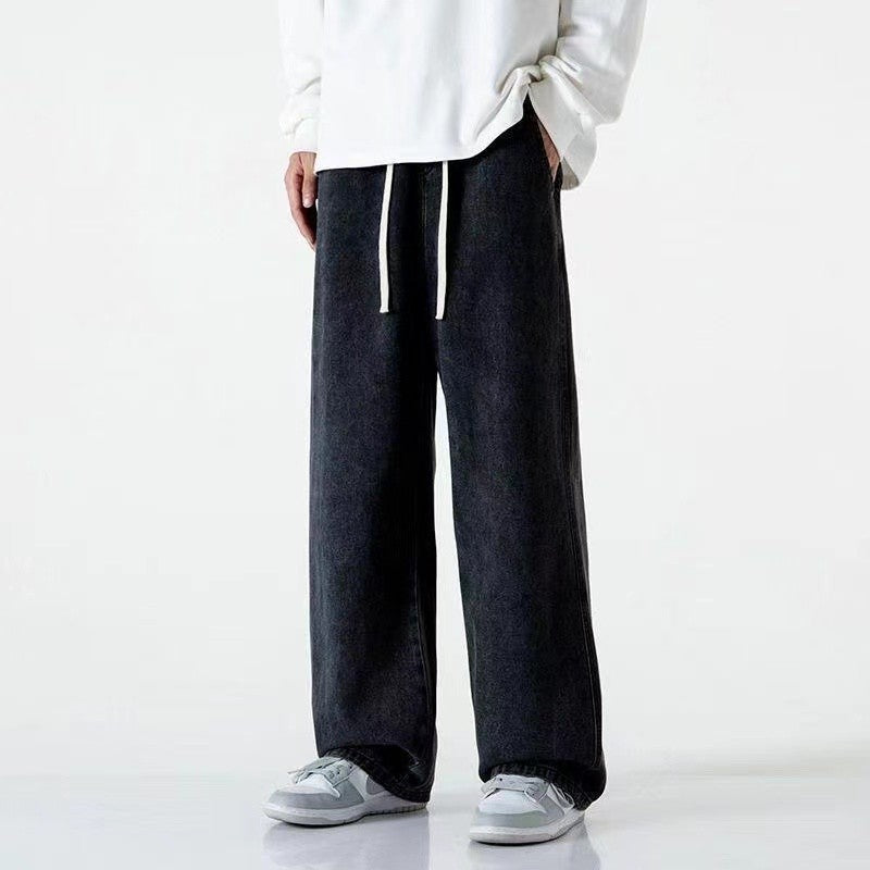 Calça Jeans Masculina de Perna Larga Outono Novas Calças Jeans de Lavagem Cor Sólida Neutra Soltas Casuais Retas Moda Ao Ar Livre